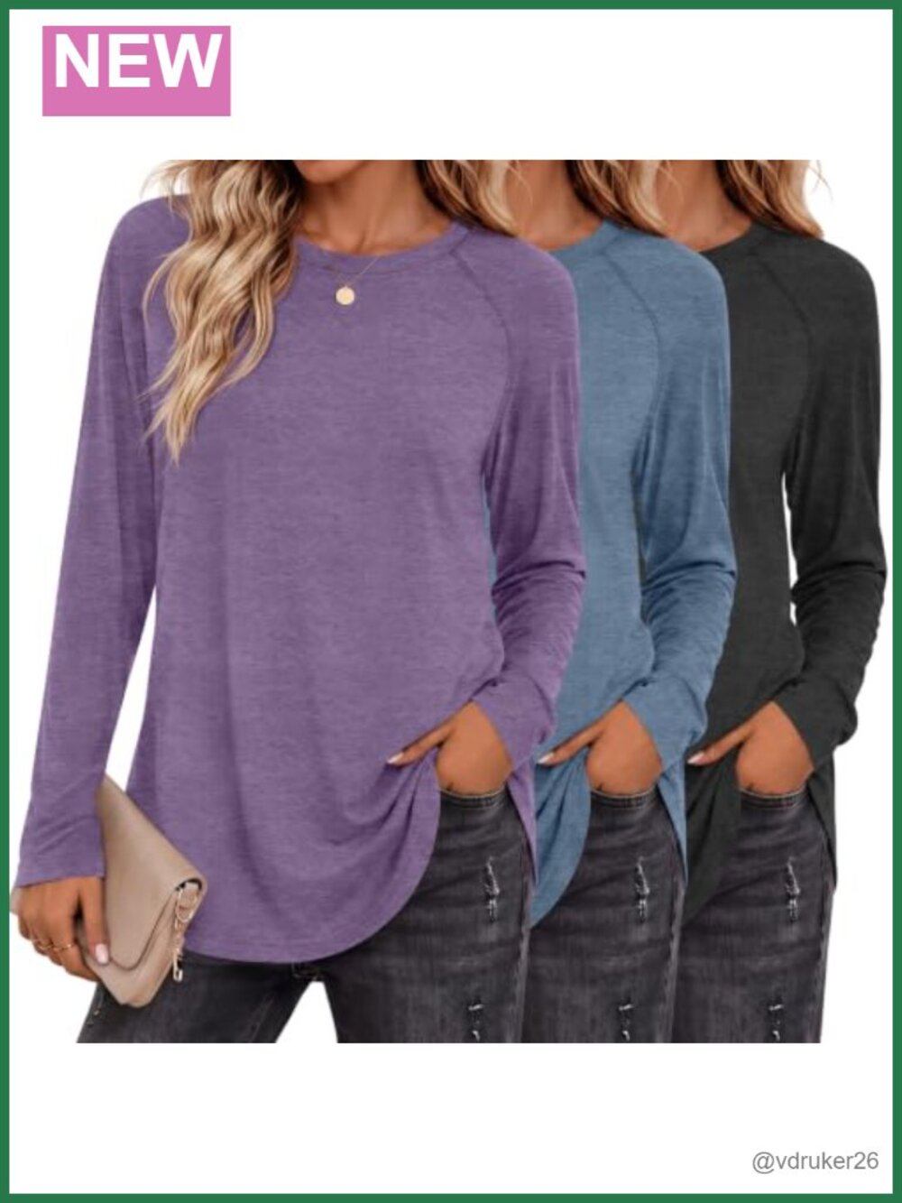 Womens Raglan Long Sleeve Tunic Tops Crew Neck Loose Fit Shirts